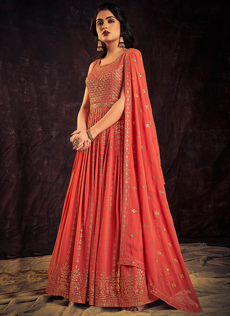 Orange Sequence And Mirror Work Embroidery Anarkali Gown Clothsvilla