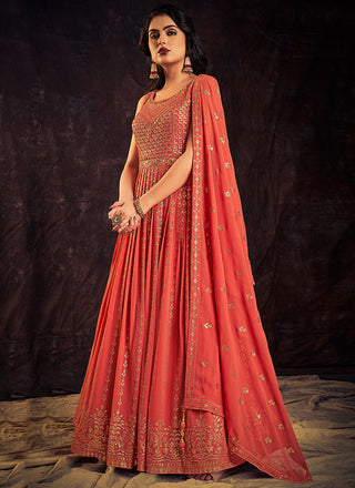Orange Sequence And Mirror Work Embroidery Anarkali Gown Clothsvilla