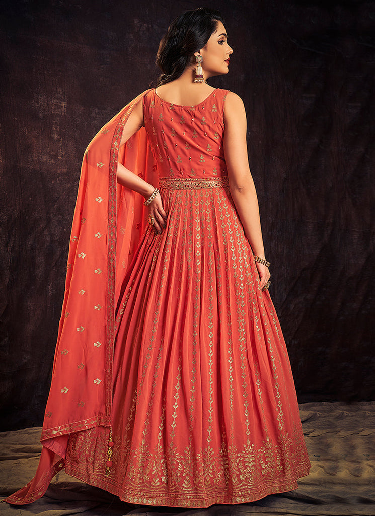 Orange Sequence And Mirror Work Embroidery Anarkali Gown Clothsvilla