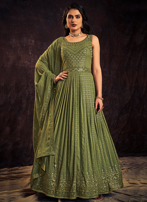Green Sequence And Mirror Work Embroidery Anarkali Gown Clothsvilla Main image