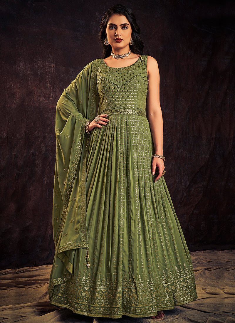 Green Sequence And Mirror Work Embroidery Anarkali Gown Clothsvilla Main image