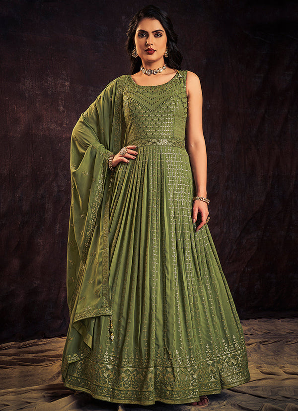 Green Sequence And Mirror Work Embroidery Anarkali Gown Clothsvilla