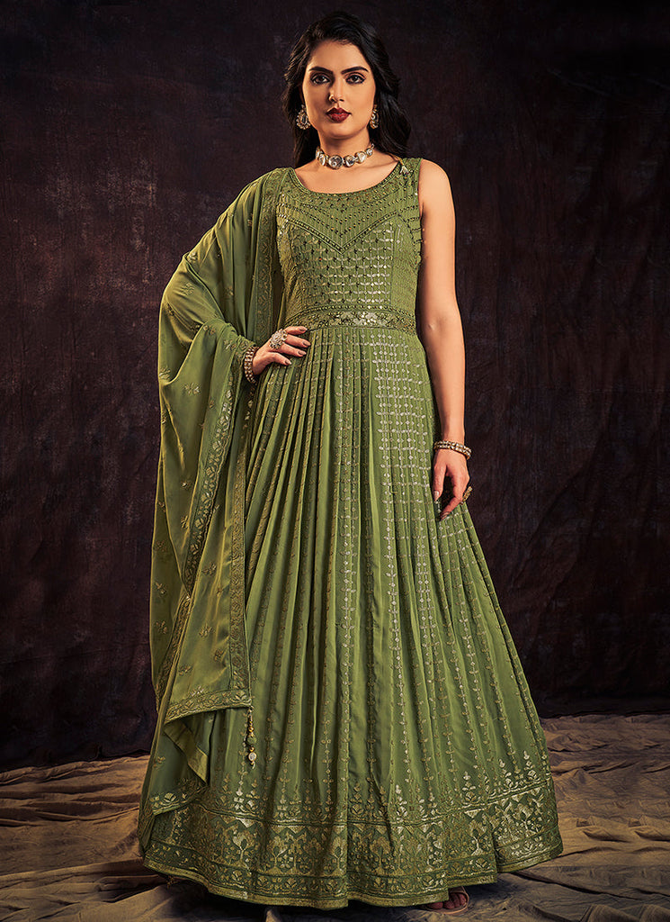 Green Sequence And Mirror Work Embroidery Anarkali Gown Clothsvilla