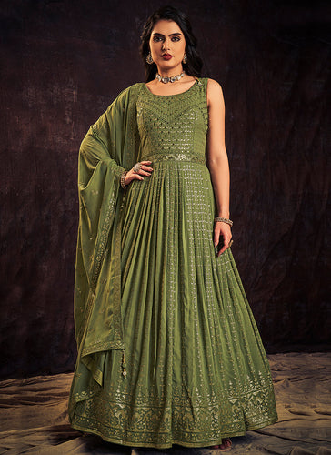 Green Sequence And Mirror Work Embroidery Anarkali Gown Clothsvilla