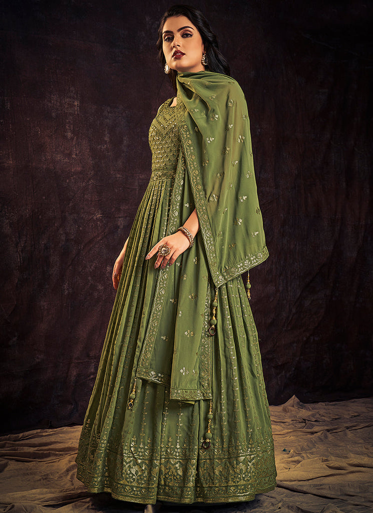 Green Sequence And Mirror Work Embroidery Anarkali Gown Clothsvilla