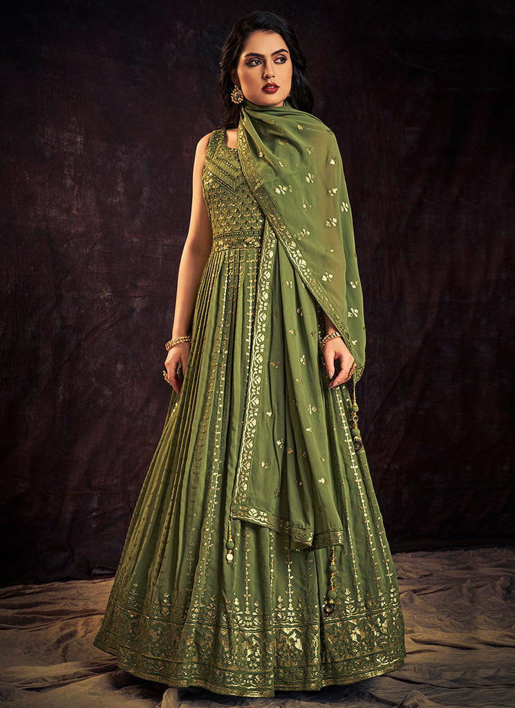 Green Sequence And Mirror Work Embroidery Anarkali Gown Clothsvilla