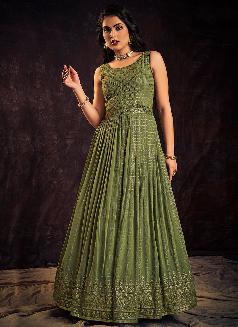 Green Sequence And Mirror Work Embroidery Anarkali Gown Clothsvilla