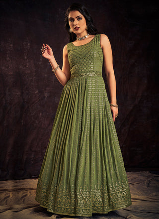 Green Sequence And Mirror Work Embroidery Anarkali Gown Clothsvilla
