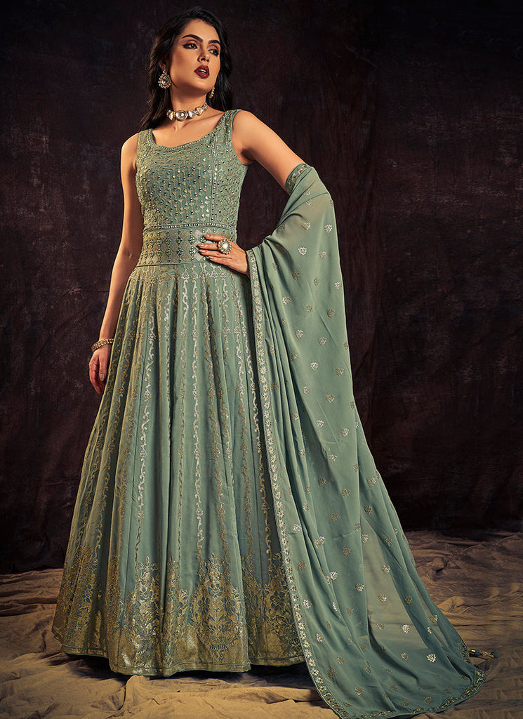 Teal Blue Sequence And Mirror Work Embroidery Anarkali Gown Clothsvilla
