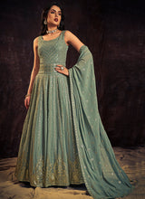 Load image into Gallery viewer, Teal Blue Sequence And Mirror Work Embroidery Anarkali Gown Clothsvilla