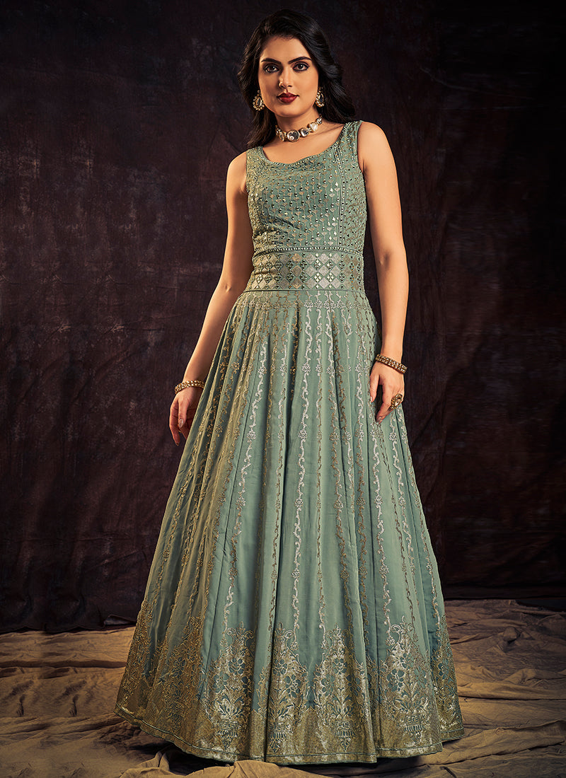Teal Blue Sequence And Mirror Work Embroidery Anarkali Gown Clothsvilla