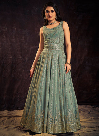 Teal Blue Sequence And Mirror Work Embroidery Anarkali Gown Clothsvilla