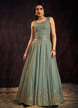Load image into Gallery viewer, Teal Blue Sequence And Mirror Work Embroidery Anarkali Gown Clothsvilla