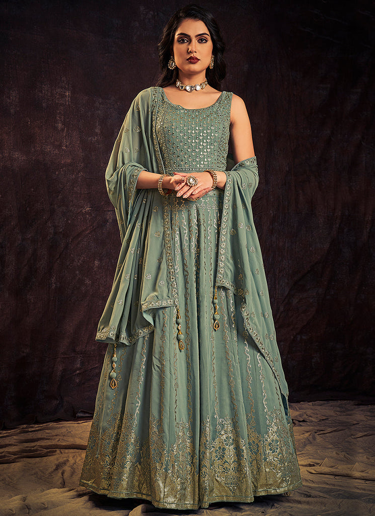Teal Blue Sequence And Mirror Work Embroidery Anarkali Gown Clothsvilla