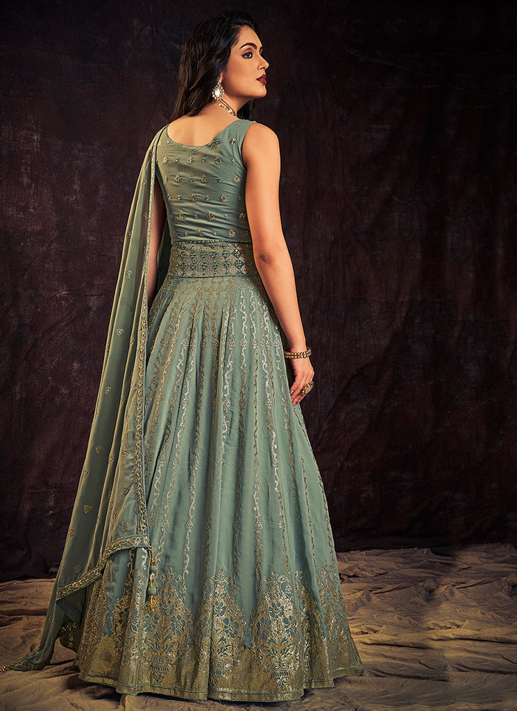 Teal Blue Sequence And Mirror Work Embroidery Anarkali Gown Clothsvilla