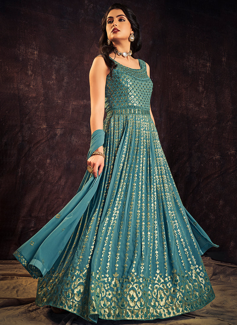 Turquoise Blue Sequence And Mirror Work Embroidery Anarkali Gown Clothsvilla