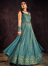 Load image into Gallery viewer, Turquoise Blue Sequence And Mirror Work Embroidery Anarkali Gown Clothsvilla