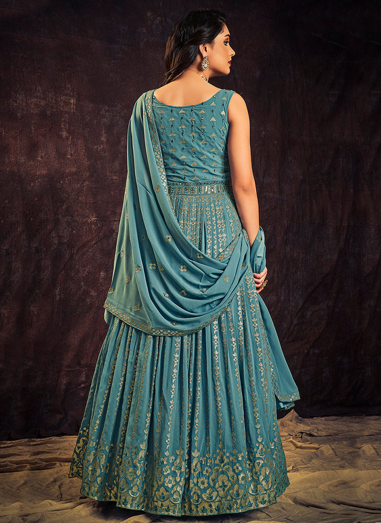 Turquoise Blue Sequence And Mirror Work Embroidery Anarkali Gown Clothsvilla