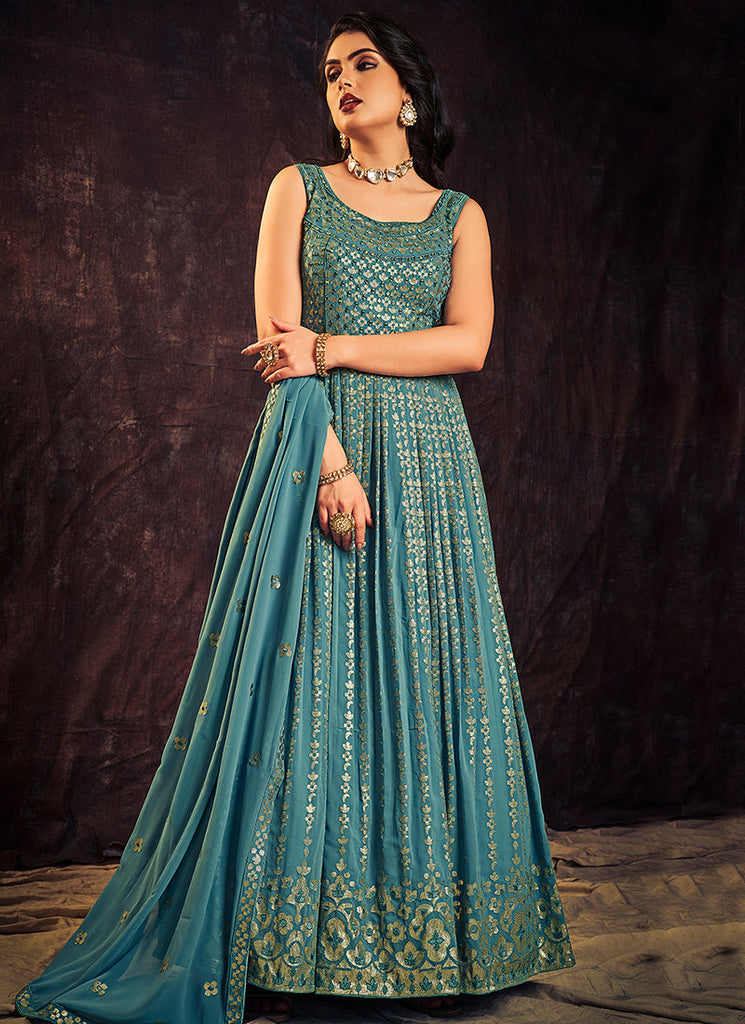 Turquoise Blue Sequence And Mirror Work Embroidery Anarkali Gown Clothsvilla