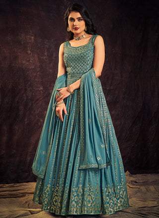 Turquoise Blue Sequence And Mirror Work Embroidery Anarkali Gown Clothsvilla