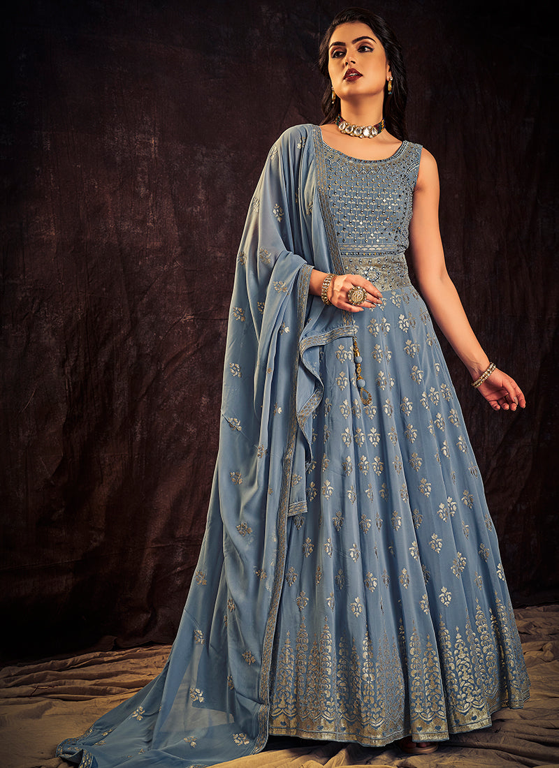 Sky Blue Sequence And Mirror Work Embroidery Anarkali Gown Clothsvilla