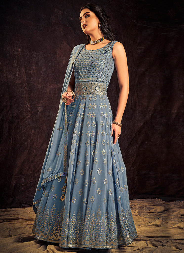 Sky Blue Sequence And Mirror Work Embroidery Anarkali Gown