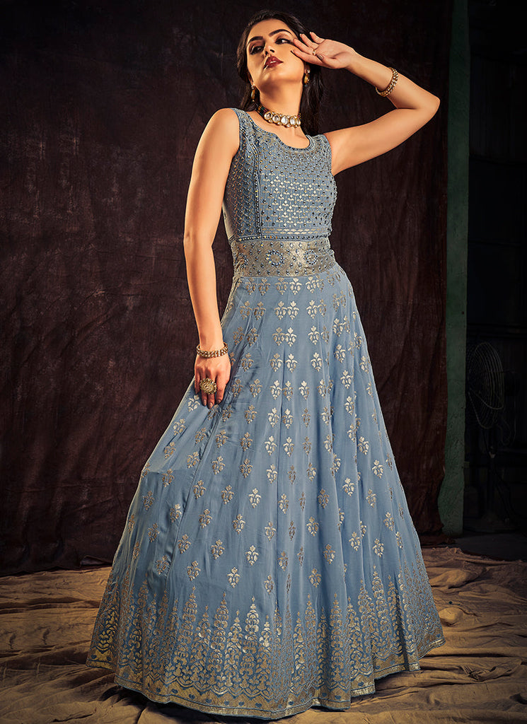 Premium Flower Printed Georgette Blue Anarkali Gown Pant With Dupatta Set  for Women , Beautiful Designer Partywear/wedding Dress for Women - Etsy