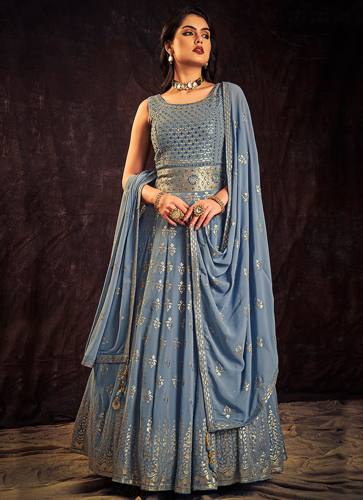 Sky Blue Sequence And Mirror Work Embroidery Anarkali Gown Clothsvilla