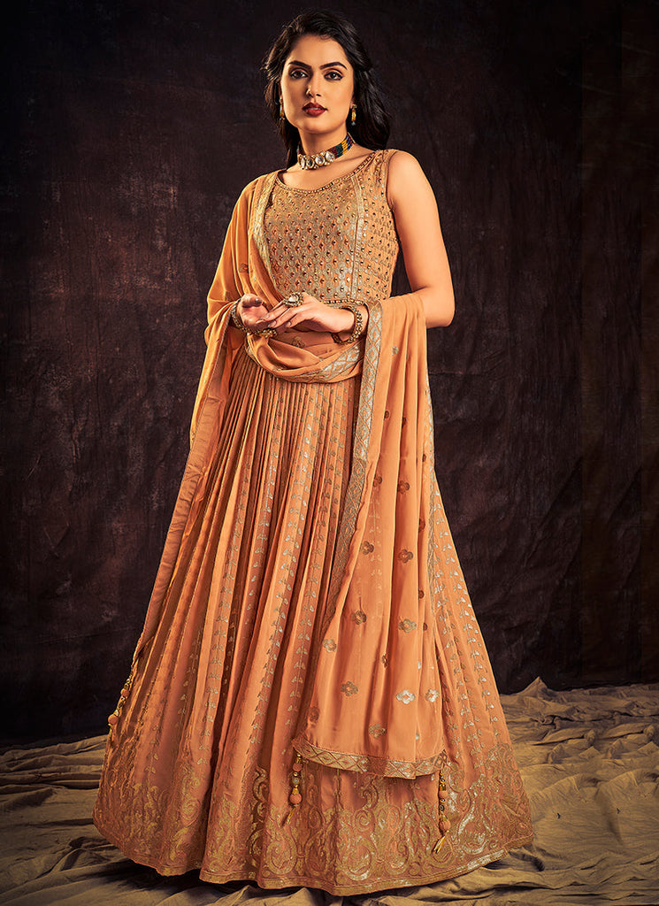 Pastel Orange Sequence And Mirror Work Embroidery Anarkali Gown Clothsvilla