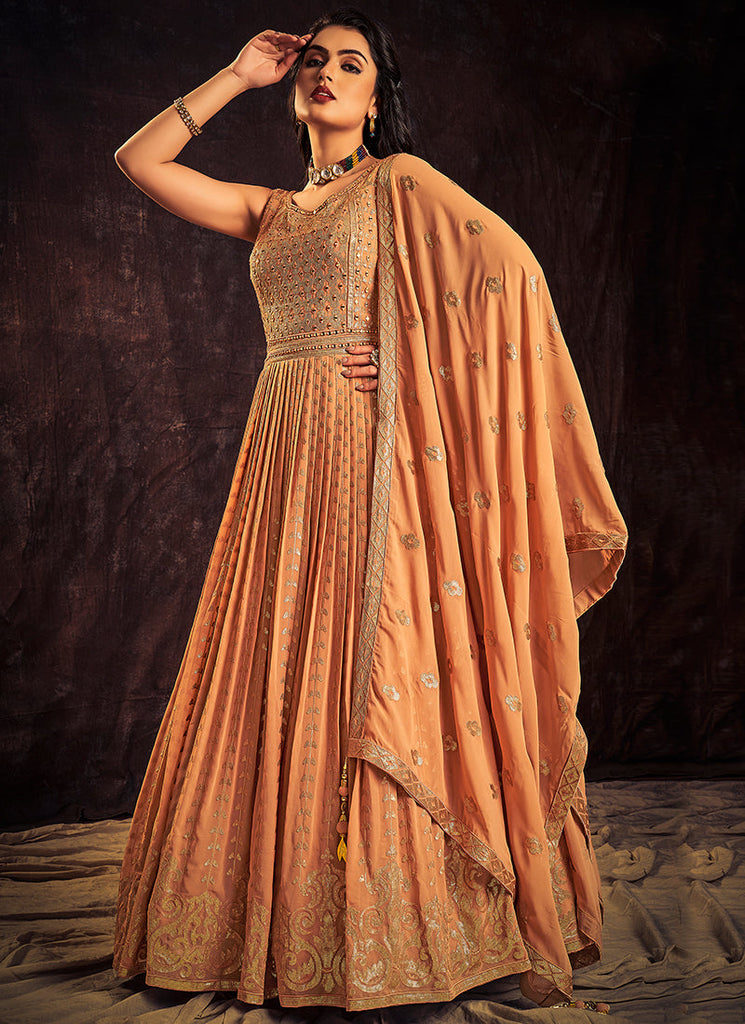 Pastel Orange Sequence And Mirror Work Embroidery Anarkali Gown Clothsvilla