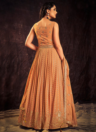 Pastel Orange Sequence And Mirror Work Embroidery Anarkali Gown Clothsvilla