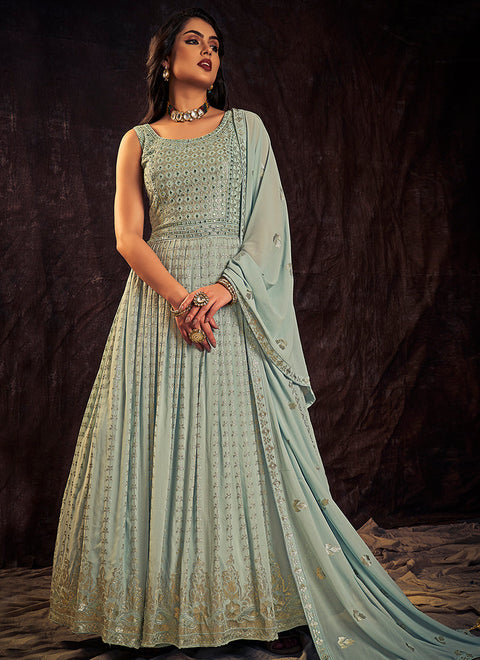 Light Blue Sequence And Mirror Work Embroidery Anarkali Gown Clothsvilla Main image