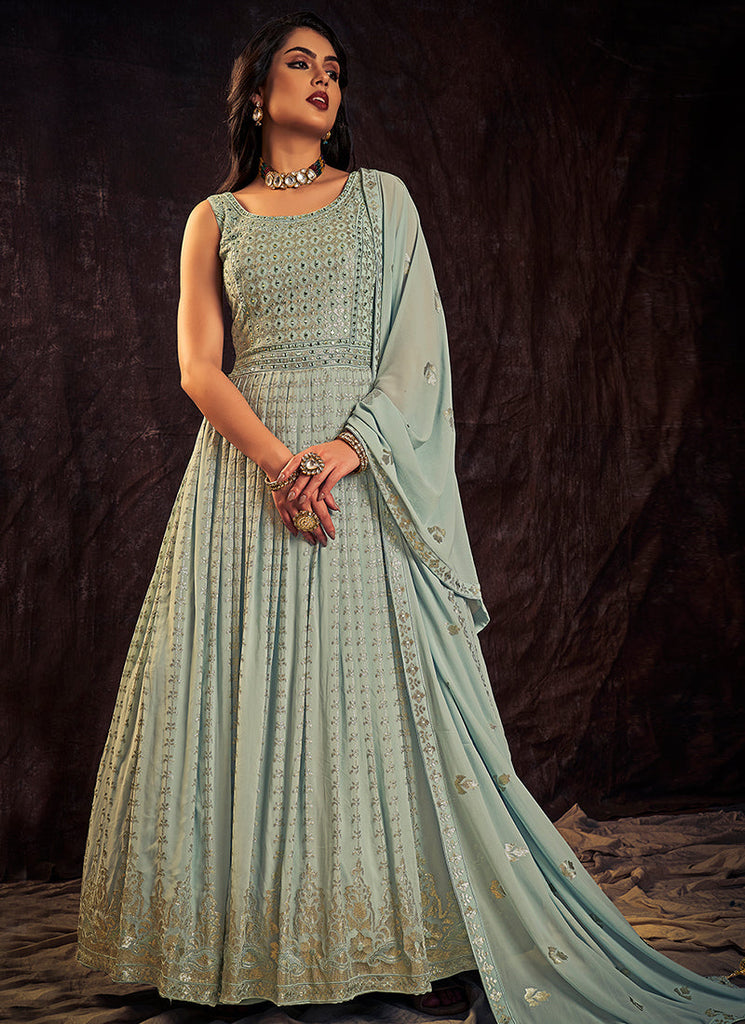 Light Blue Sequence And Mirror Work Embroidery Anarkali Gown Clothsvilla