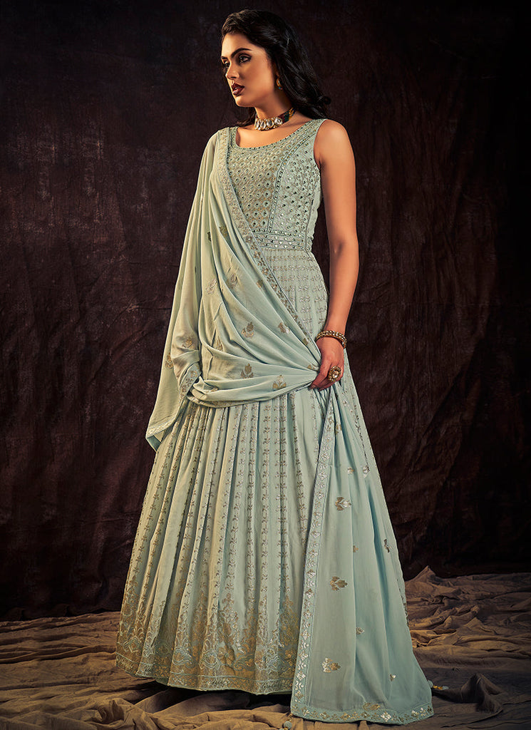 Light Blue Sequence And Mirror Work Embroidery Anarkali Gown Clothsvilla