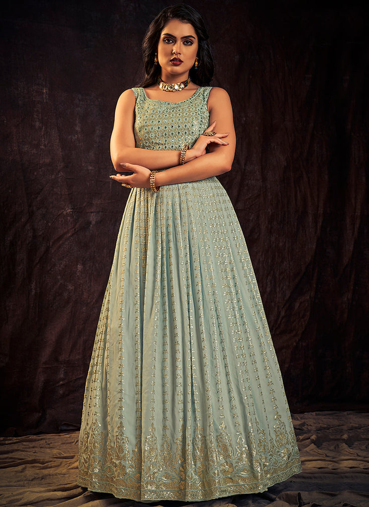 Light Blue Sequence And Mirror Work Embroidery Anarkali Gown Clothsvilla