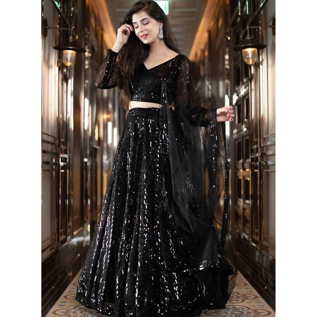 Black Lehenga Choli with Heavy Sequence Embroidery Work and Dupatta ClothsVilla