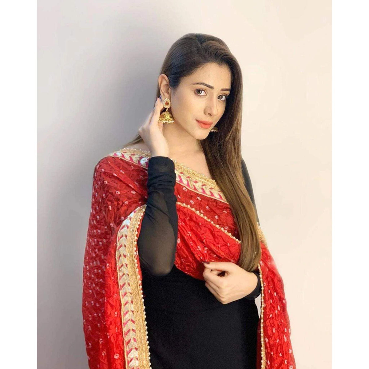 Black Salwar Suit In Rayon Fabric with Red Bandhani Dupatta ClothsVilla