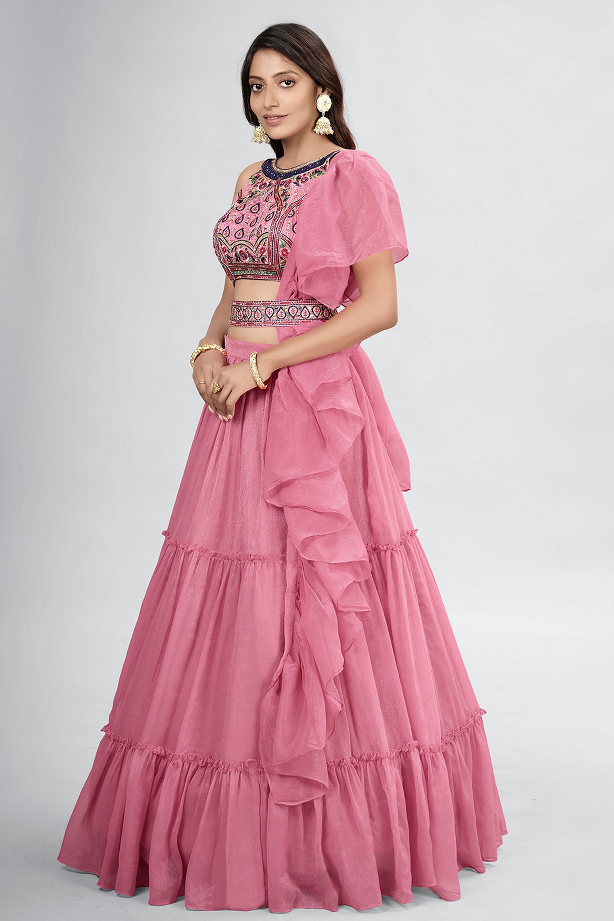 Pink Pakistani Art Silk Lehenga Choli For Indian Festivals & Weddings - Thread Embroidery Work, Secondary image