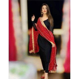 Black Salwar Suit In Rayon Fabric with Red Bandhani Dupatta ClothsVilla