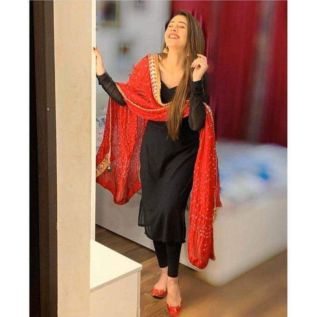 Black Salwar Suit In Rayon Fabric with Red Bandhani Dupatta ClothsVilla