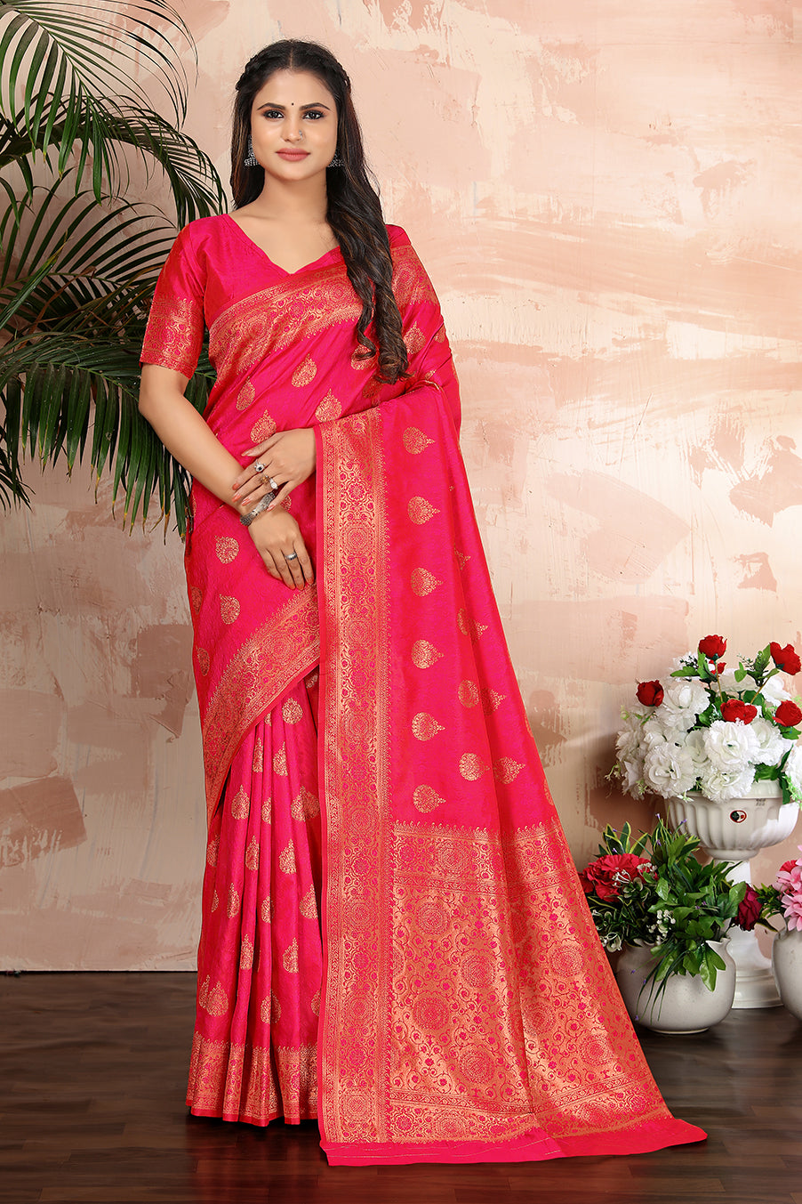 Rani Pink color woven zari work banarasi saree Clothsvilla
