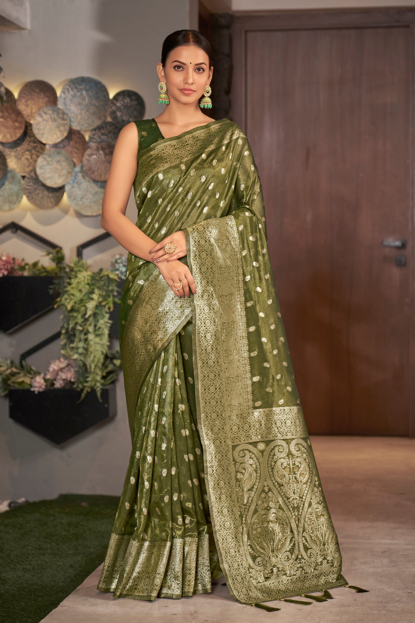 Olive Color Weaving Zari Work Classic Saree For Festival Clothsvilla