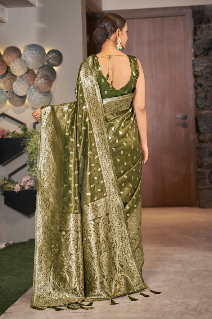 Olive Color Weaving Zari Work Classic Saree For Festival Clothsvilla