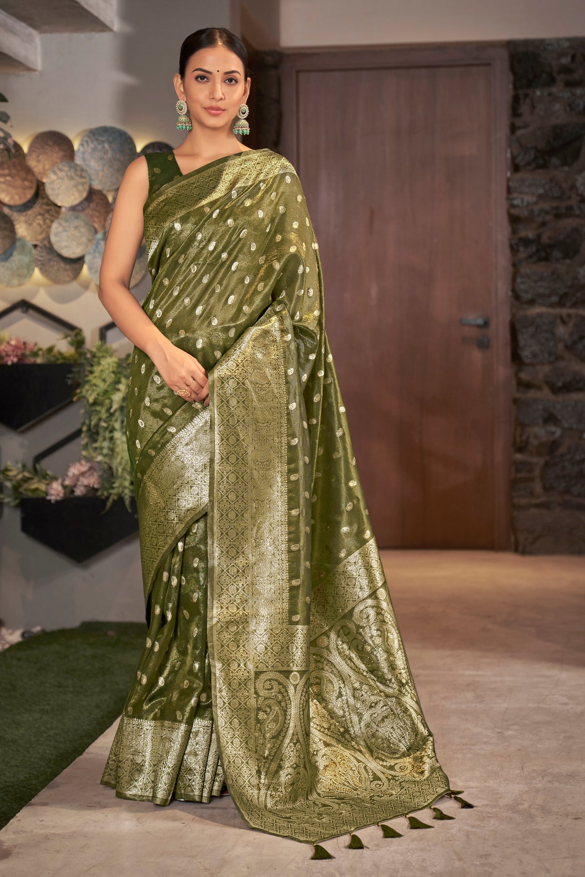 Olive Color Weaving Zari Work Classic Saree For Festival Clothsvilla Main image