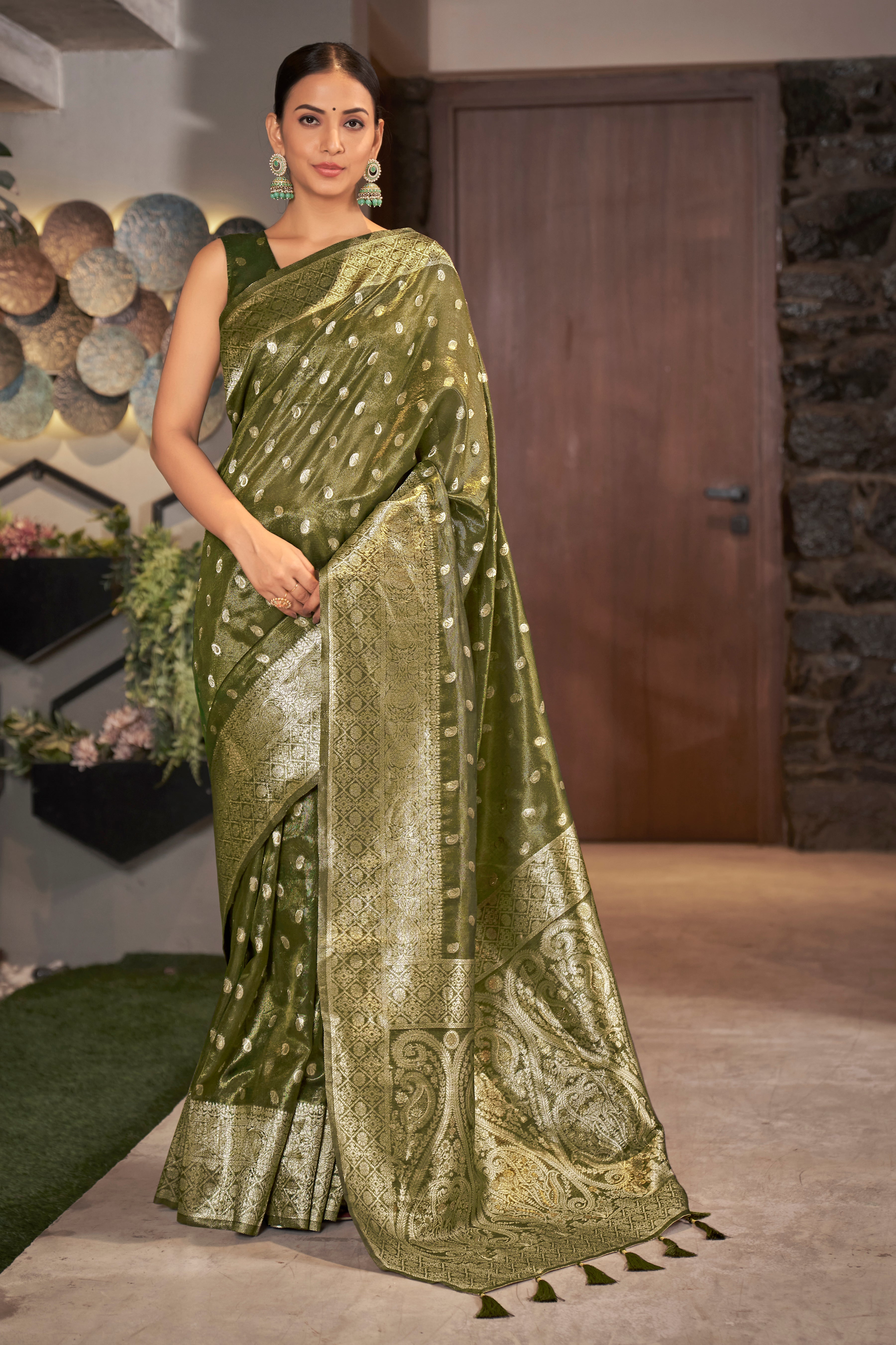 Olive Color Weaving Zari Work Classic Saree For Festival Clothsvilla Main image