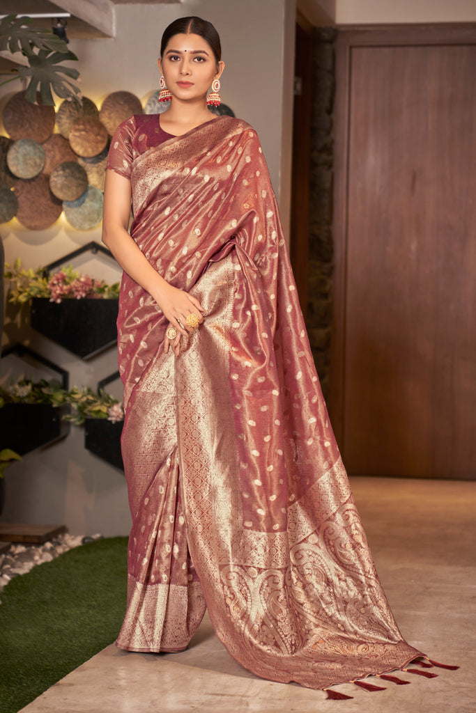 Rust Pink Color Weaving Zari Work Classic Saree For Festival Clothsvilla