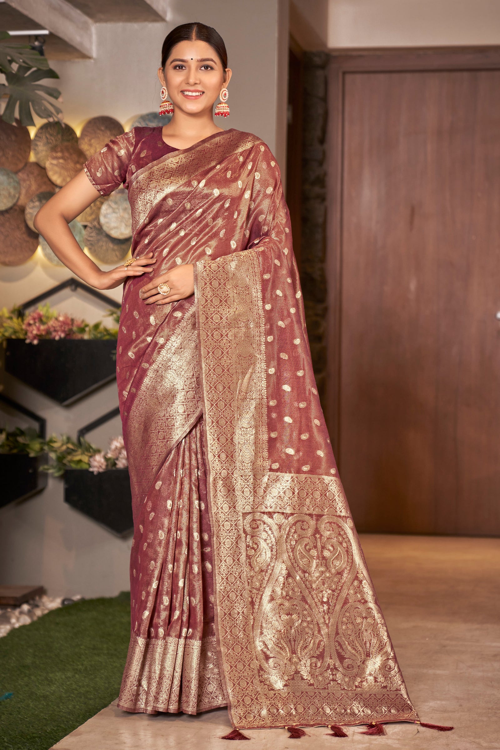 Rust Pink Color Weaving Zari Work Classic Saree For Festival Clothsvilla