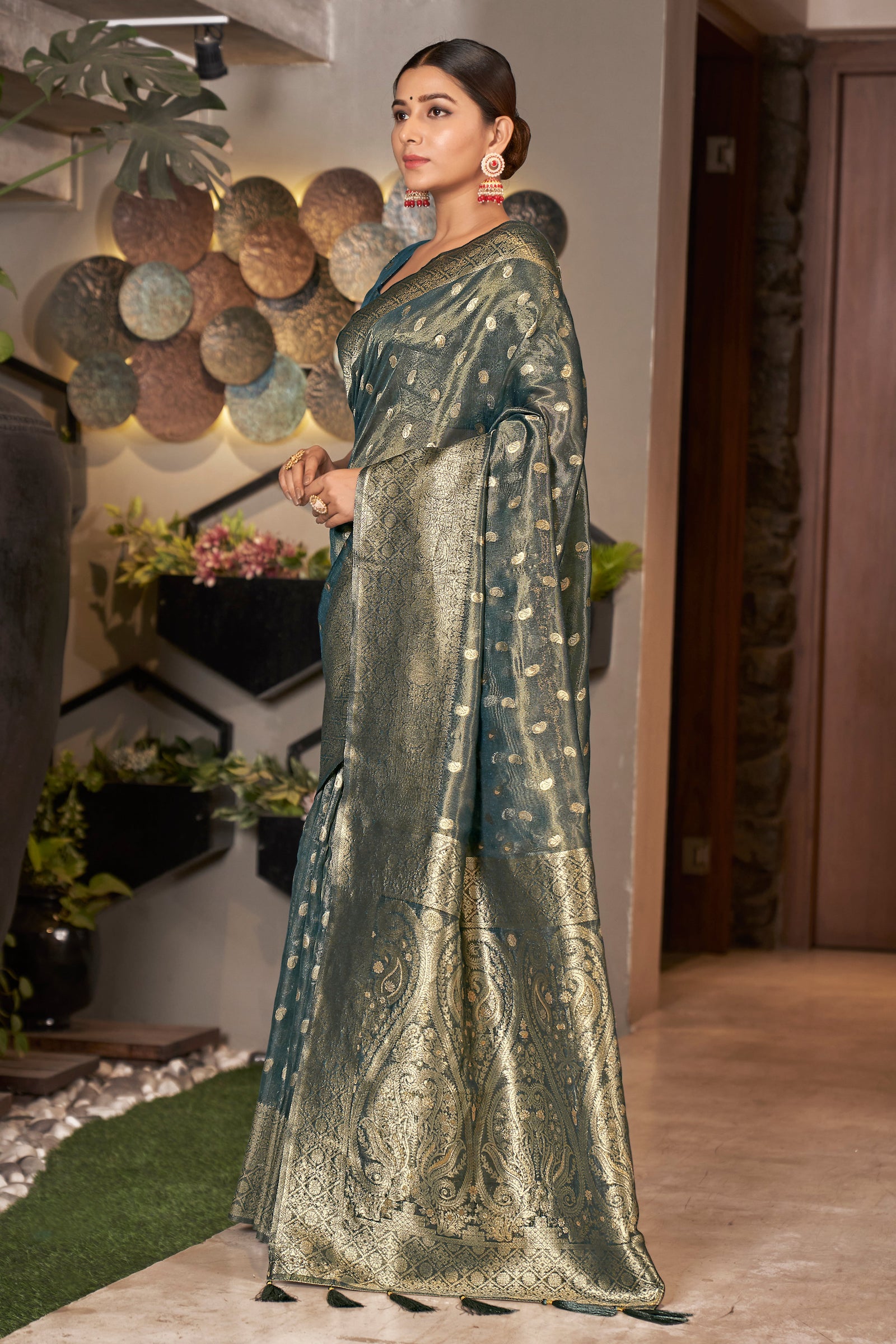 Grey Color Weaving Zari Work Classic Saree For Festival Clothsvilla