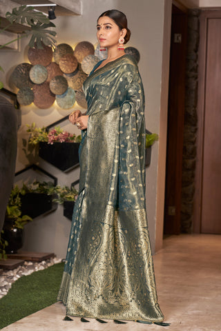 Grey Color Weaving Zari Work Classic Saree For Festival Clothsvilla