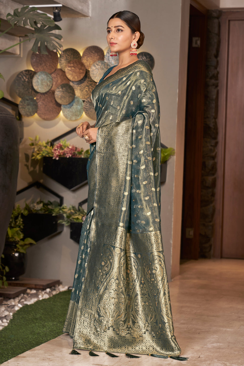 Grey Color Weaving Zari Work Classic Saree For Festival Clothsvilla